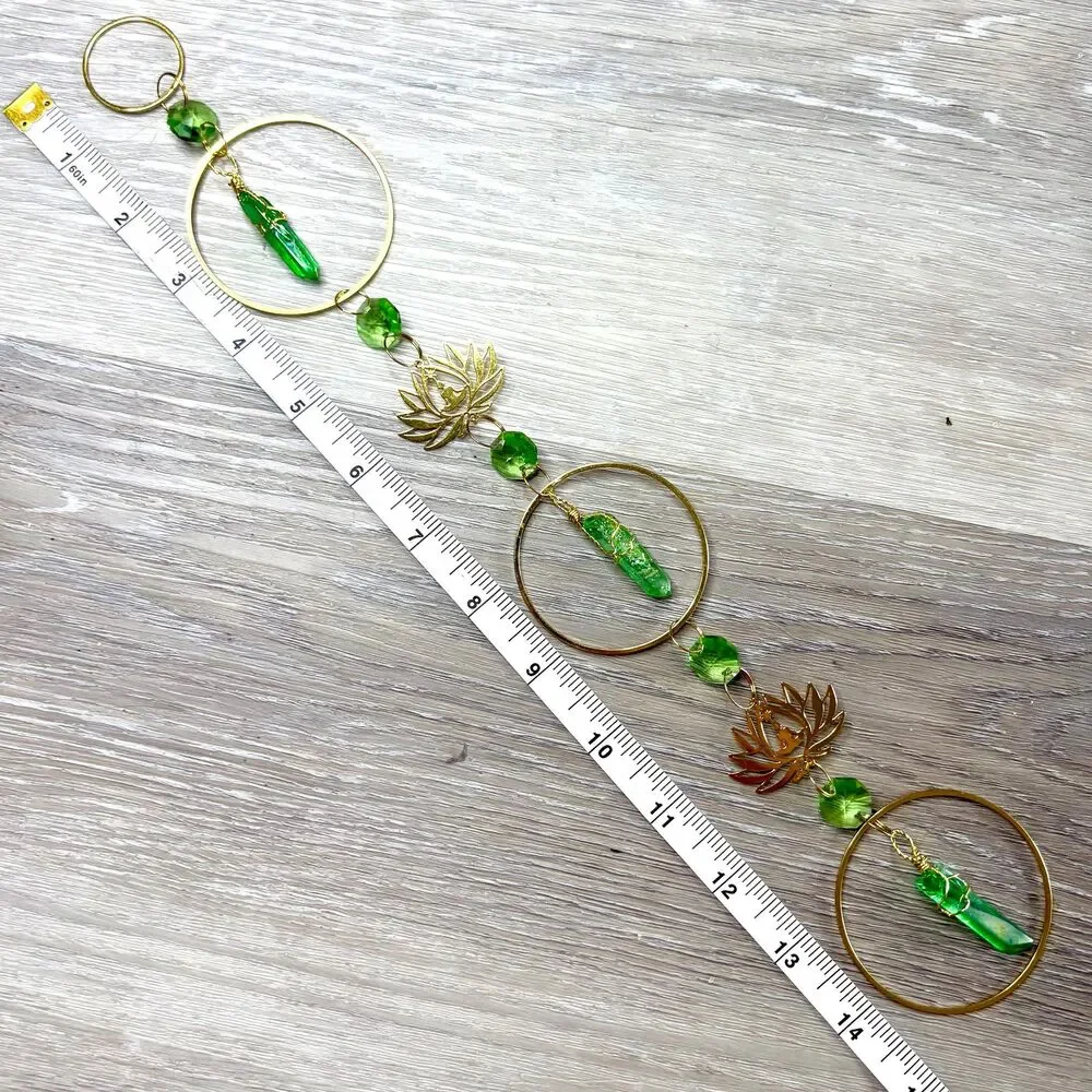 Green Aura Quartz Wall Hanging | Gold Lotus Meditation Charm | Love Abundance